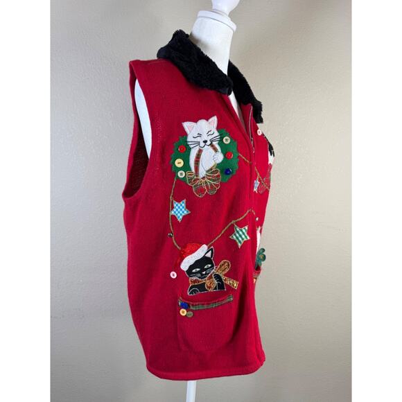 Vintage Studio Joy Red Zip-Up Vest Embroidered Christmas Cats Faux Fur Collar XL - Picture 4 of 10